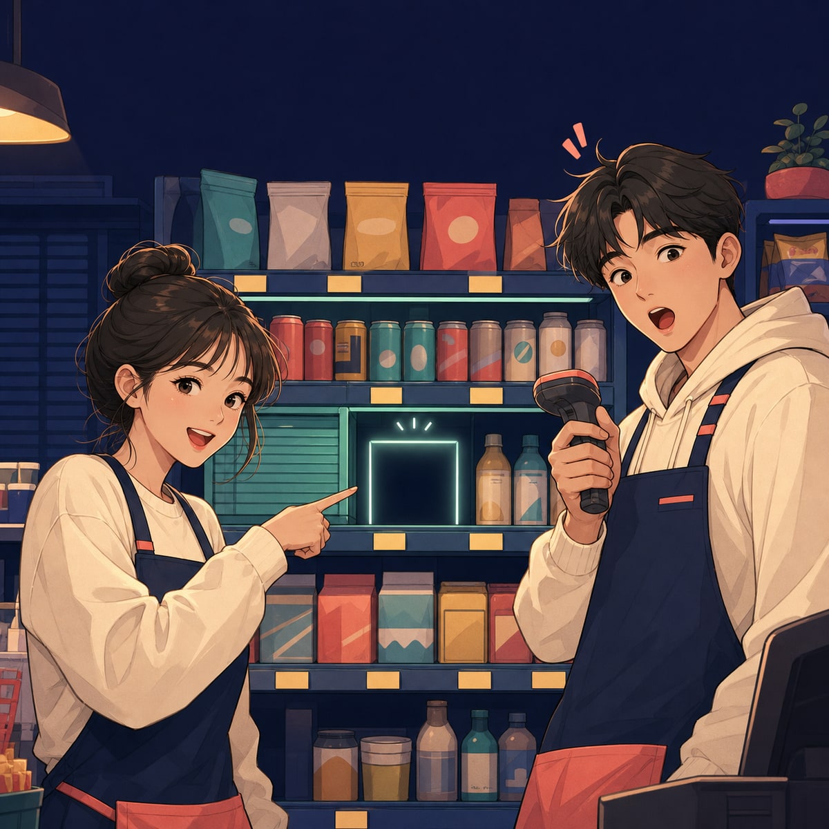 한밤의 진열대를 살피는 두 점원